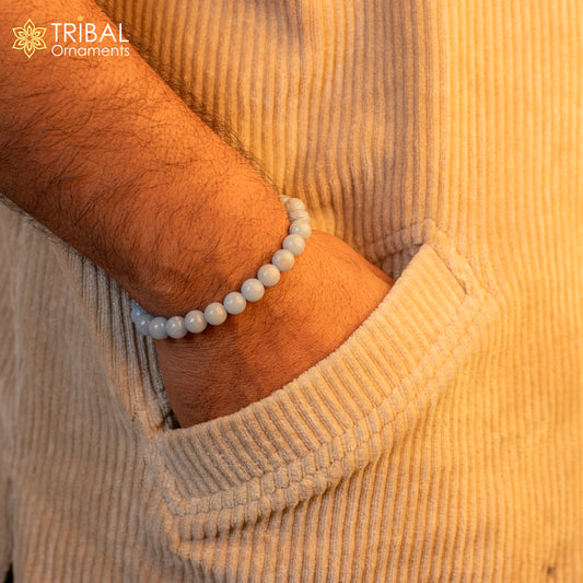 8 MM Angelite natural stone beaded handmade bracelet, customized unisex Jewelry, stnbr116 - TRIBAL ORNAMENTS