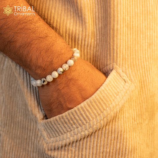 8 MM moon natural (white/grey) stone beaded handmade bracelet, customized unisex Jewelry, stnbr119 - TRIBAL ORNAMENTS