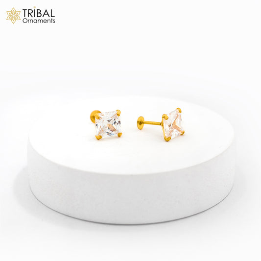8mm 14kt yellow gold handmade single cubic zircon stone square shape stud earring cartilage customized unisex jewelry er179 - TRIBAL ORNAMENTS