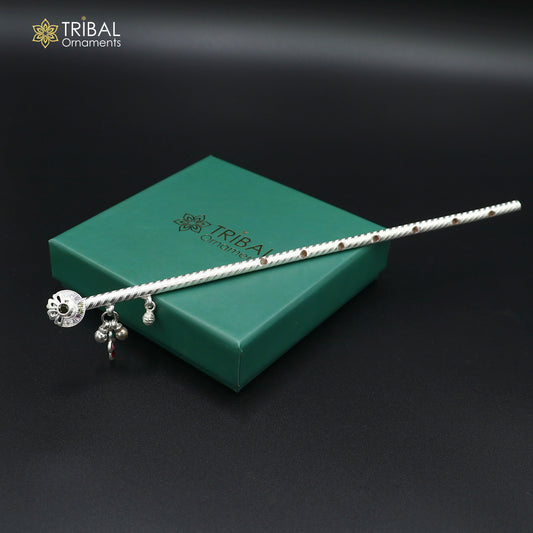 9" 925 sterling silver flower design bansuri laddu Gopala flute, Krishna flute su1373 - TRIBAL ORNAMENTS