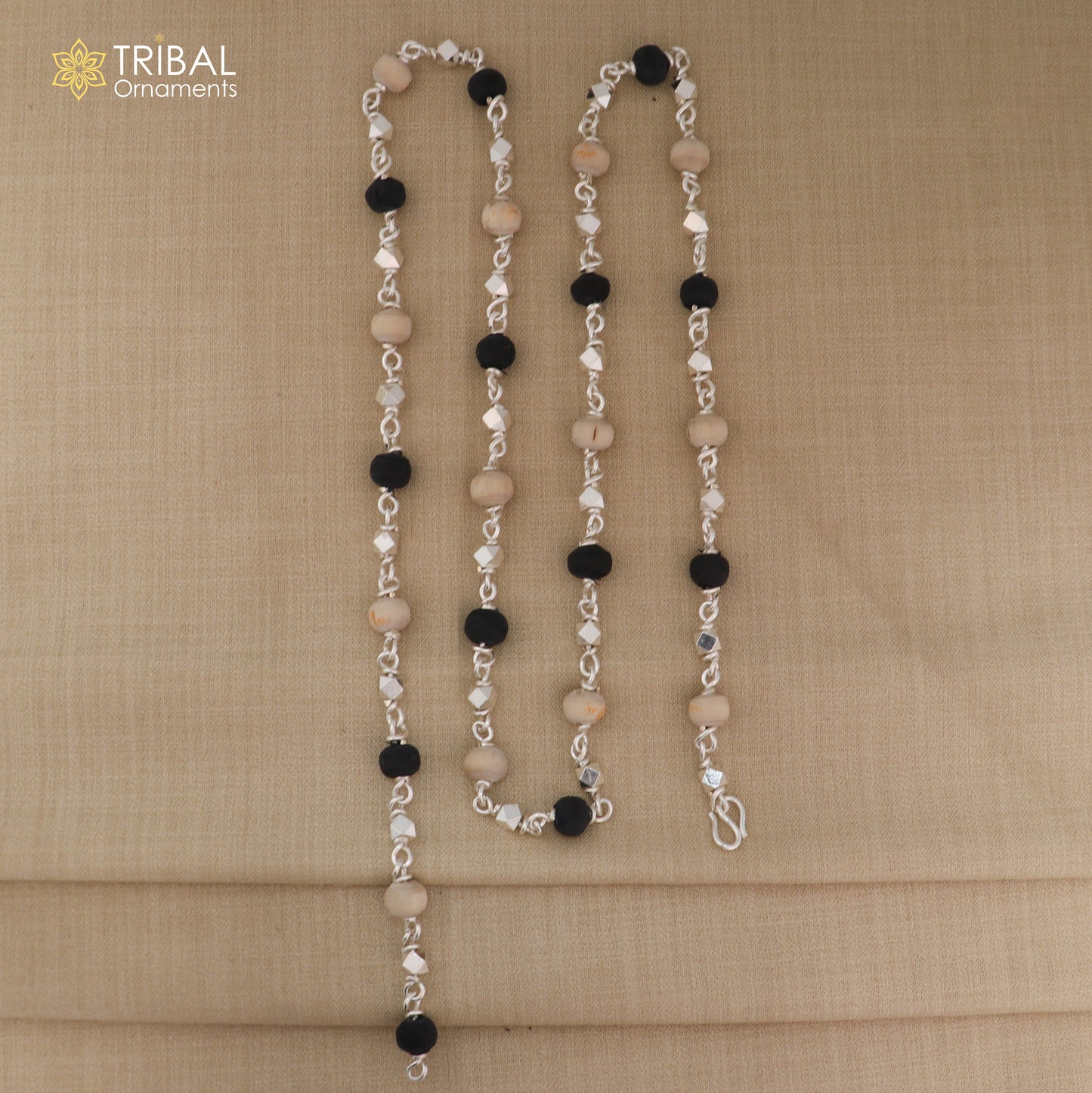 925 Silver handcrafted Black Basil rosary beads with silver beads necklace chain tulsi mala use in Ayurveda feel protected and focused ch617 - TRIBAL ORNAMENTS