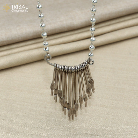 925 sterling silver 26 inches beaded chain with silver stick design ethnic long necklace tribal jewelry set726 - TRIBAL ORNAMENTS