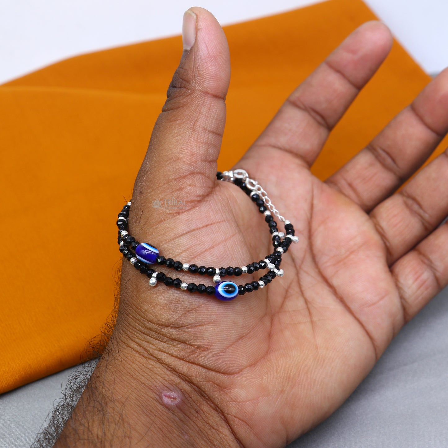 925 sterling silver and black evil eye beaded bracelet combo, suitable as a mother bracelet or baby anklets by TRIBAL ORNAMENTS.