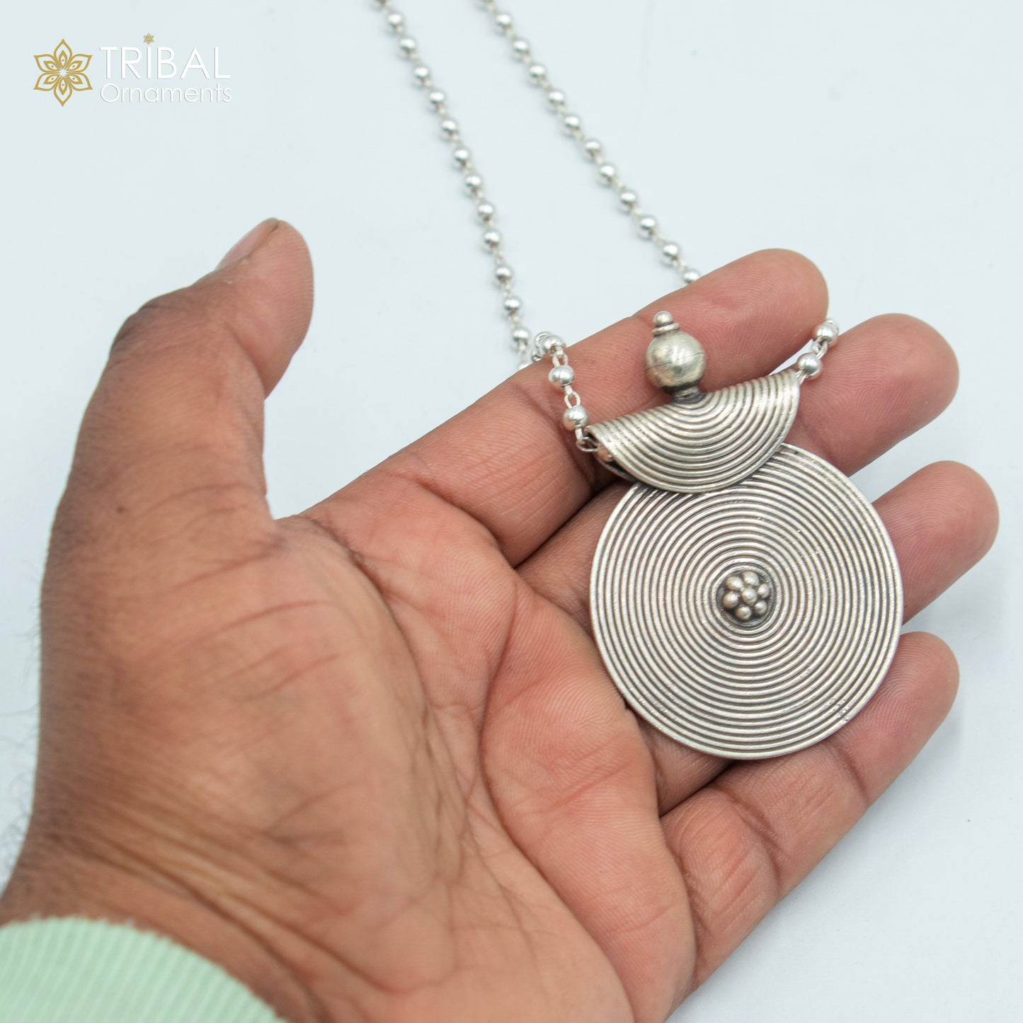 Sterling silver beaded chain necklace with spiral ethnic pendant, tribal jewelry set by TRIBAL ORNAMENTS