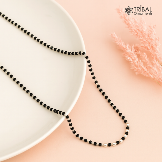 925 sterling silver black beads chain necklace with small jingling bells pendant, traditional beaded jewelry by TRIBAL ORNAMENTS