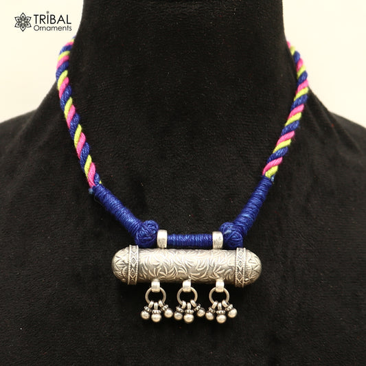 925 sterling silver chitai work drop dangle amulet style thread (dori) necklace traditional jewelry set792 - TRIBAL ORNAMENTS