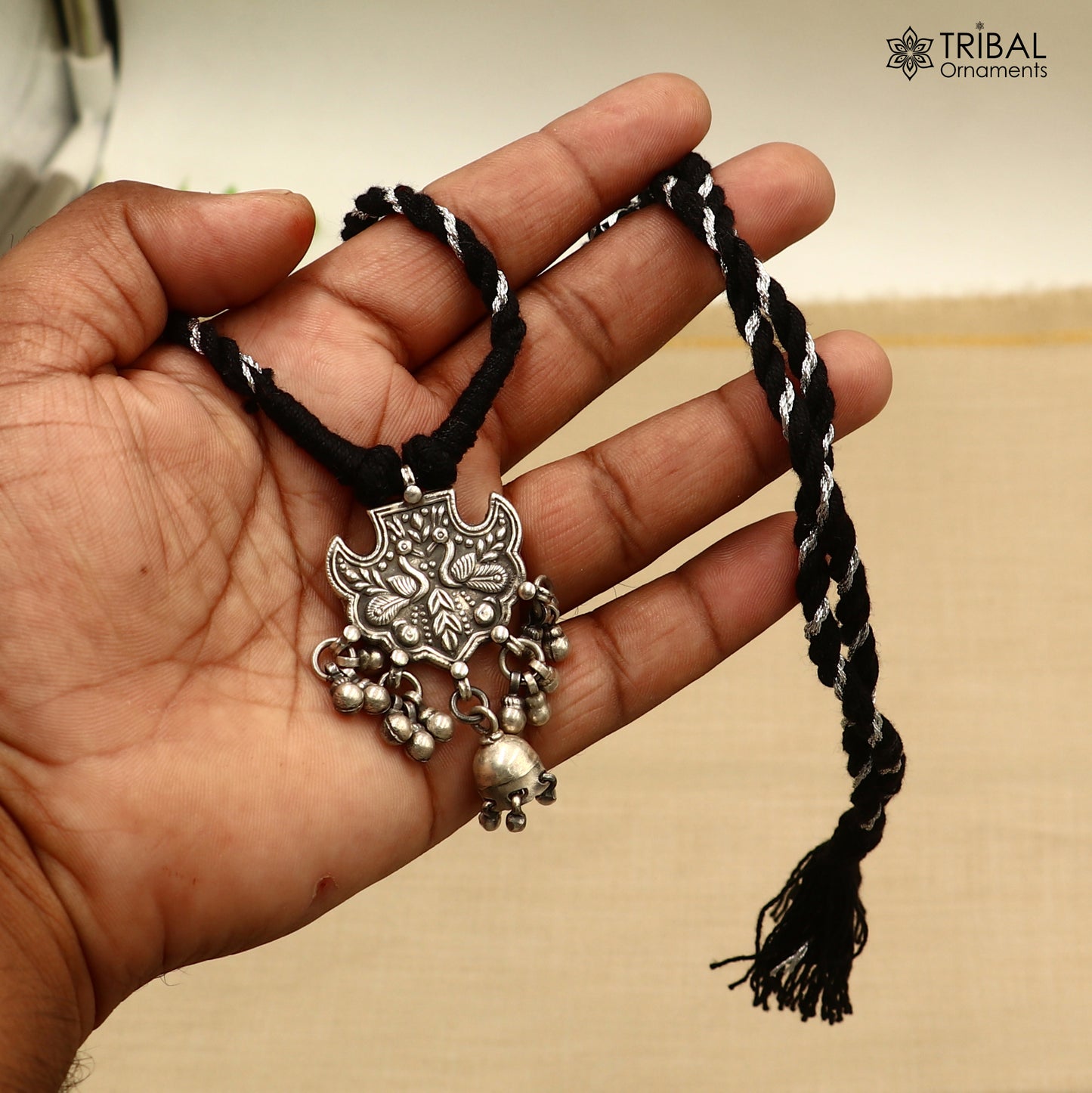 925 sterling silver chitai work drop dangle bells peacock design black thread (dori) ethnic necklace set788 - TRIBAL ORNAMENTS