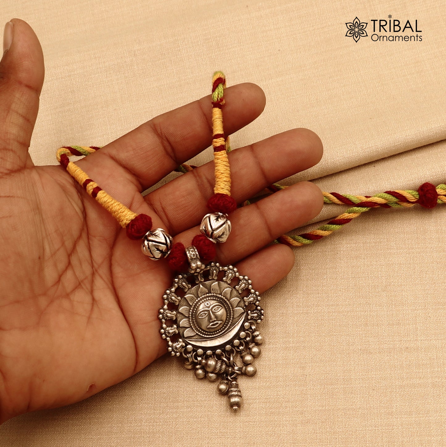 925 sterling silver chitai work drop dangling bells sun thread (dori) necklace traditional jewelry set787 - TRIBAL ORNAMENTS