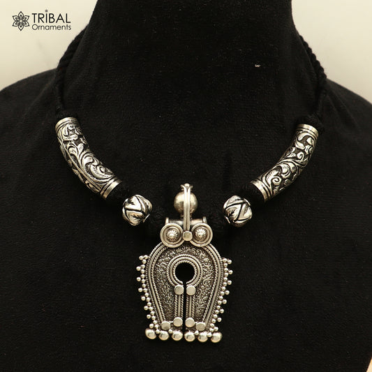 925 sterling silver chitai work natyam style black thread (dori) necklace traditional jewelry set784 - TRIBAL ORNAMENTS