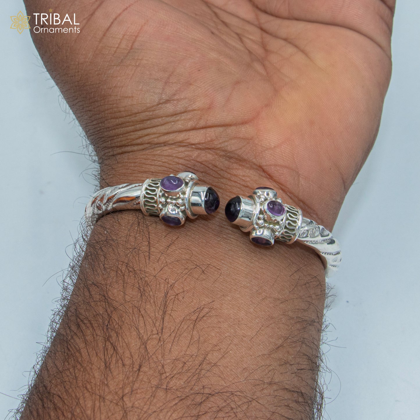 Sterling silver tribal bangle with purple turquoise stone, unisex cuff bracelet, handcrafted tribal jewelry by TRIBAL ORNAMENTS