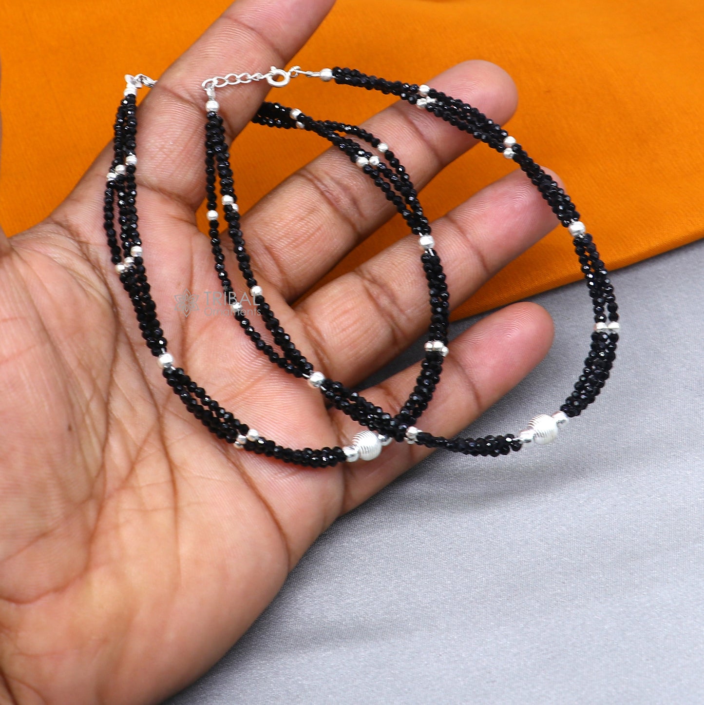 925 sterling silver double chain black beaded anklet bracelet amazing light weight delicate anklets silver jewelry ank655 - TRIBAL ORNAMENTS