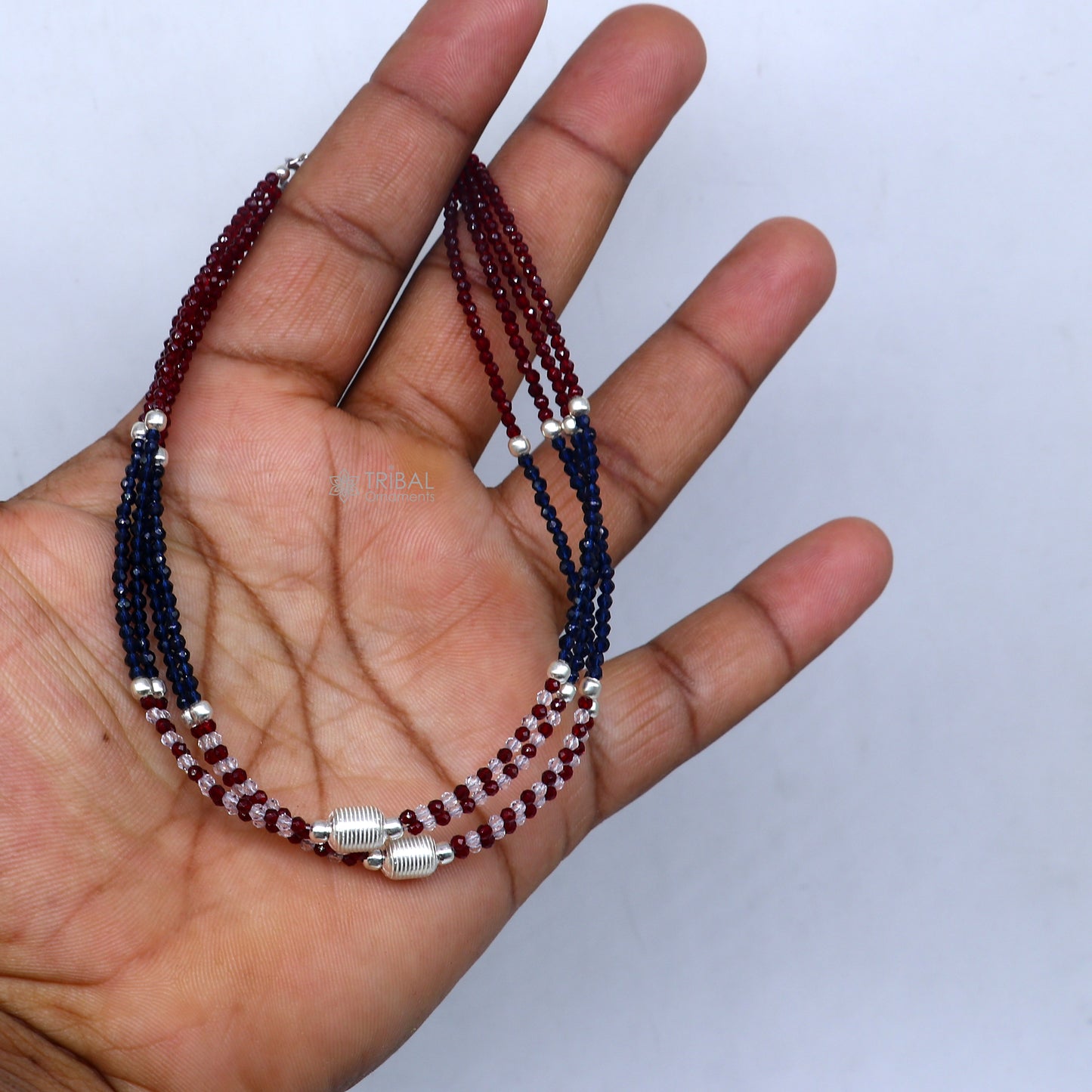 925 sterling silver double chain red and blue beaded anklet bracelet amazing light weight delicate anklets silver jewelry ank654 - TRIBAL ORNAMENTS