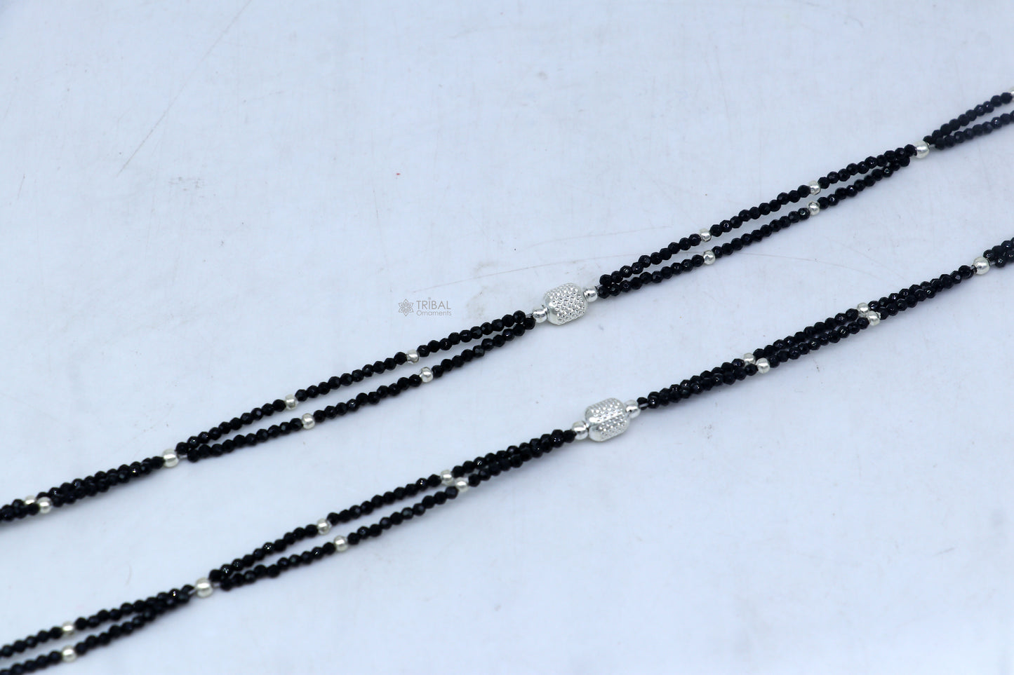 925 sterling silver double chain silver and black beaded anklet bracelet amazing light weight delicate anklets silver jewelry ank658 - TRIBAL ORNAMENTS
