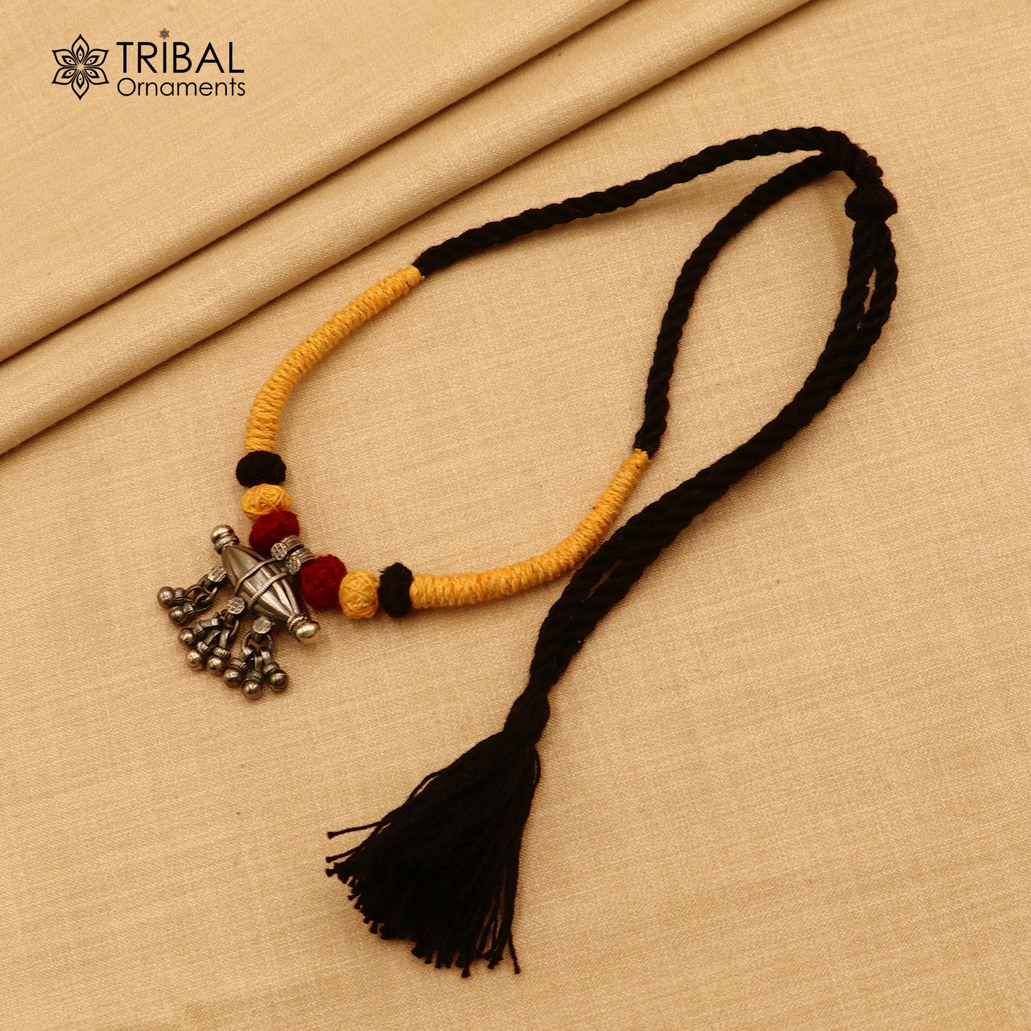 925 sterling silver drop dangle bells amulet style thread (dori) banjara necklace set789 - TRIBAL ORNAMENTS