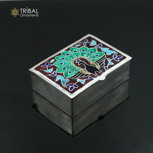 925 sterling silver Enamel work peacock design trinket,casket,container, Sindoor box brides jewelry stb869 - TRIBAL ORNAMENTS