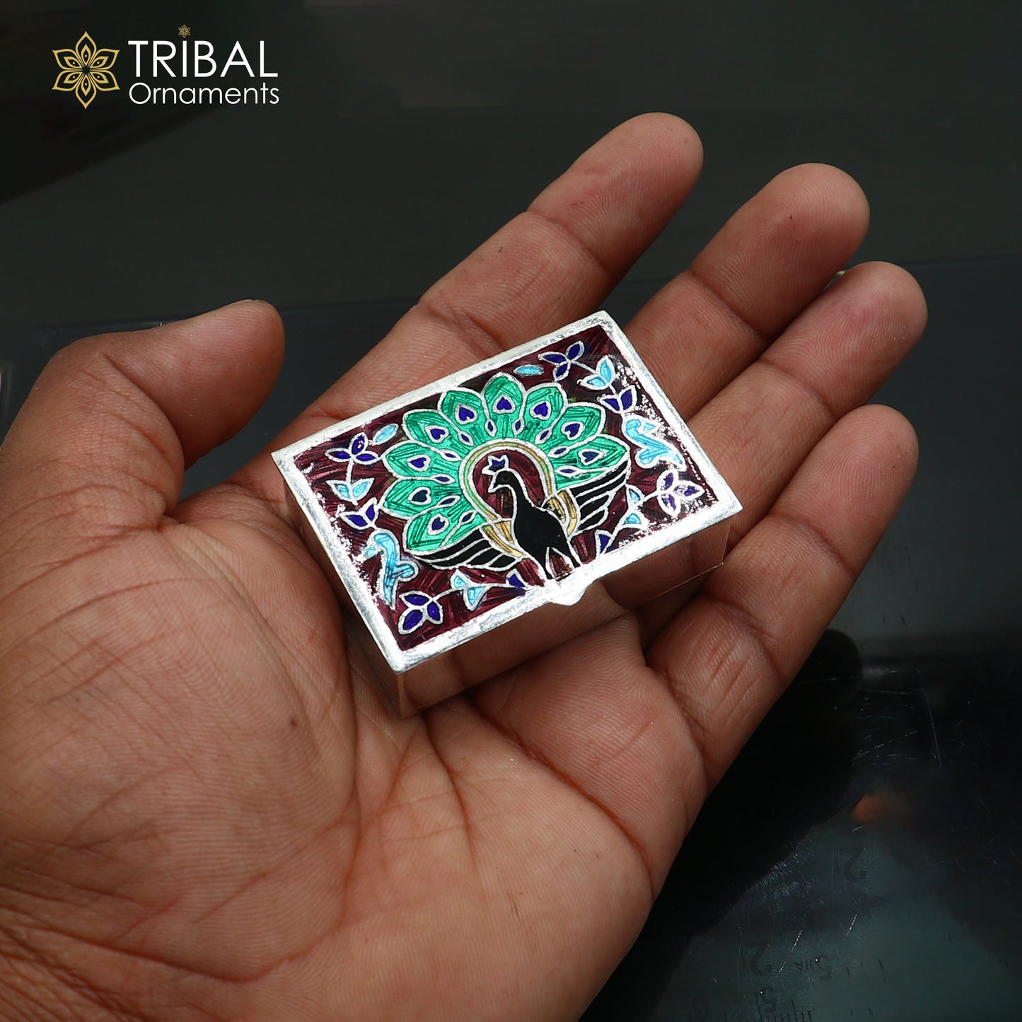 925 sterling silver Enamel work peacock design trinket,casket,container, Sindoor box brides jewelry stb869 - TRIBAL ORNAMENTS