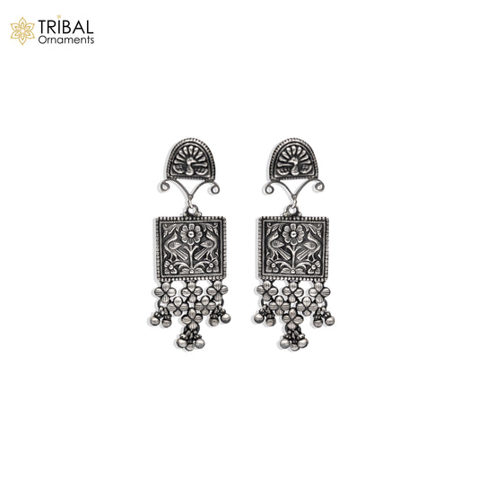 925 sterling silver Banjara jewelry drop dangle earring with ethnic floral design from TRIBAL ORNAMENTS.