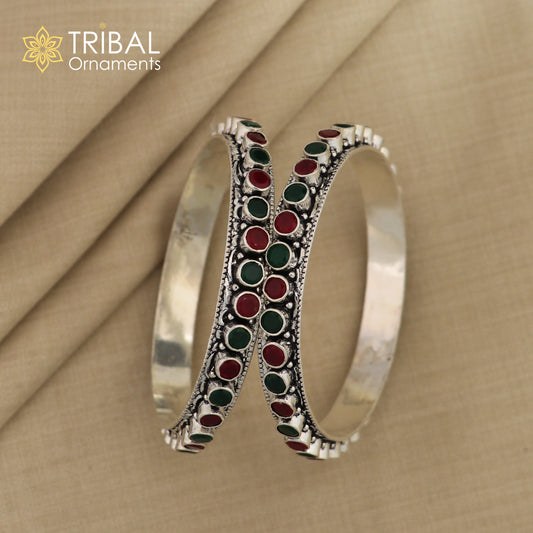 925 sterling silver fabulous cut stone bangle bracelet gorgeous green and red color stone elegant girl's women's jewelry ba175 - TRIBAL ORNAMENTS