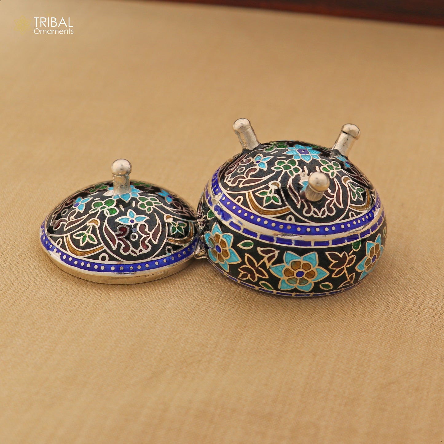 925 Sterling silver fabulous meenakari trinket box, container box, casket box,sindoor box, enamel work customized box stb898 - TRIBAL ORNAMENTS