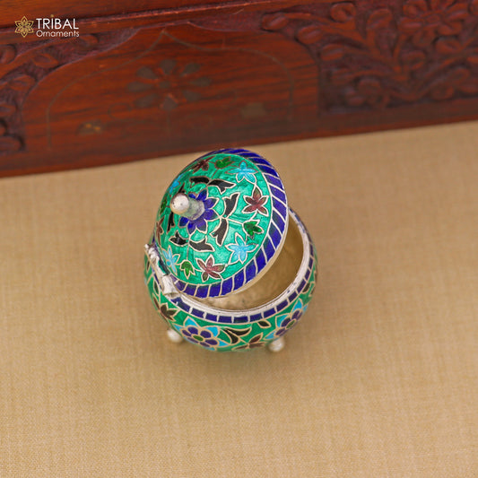 925 Sterling silver fabulous meenakari trinket box, container box, casket box,sindoor box, enamel work customized box stb901 - TRIBAL ORNAMENTS