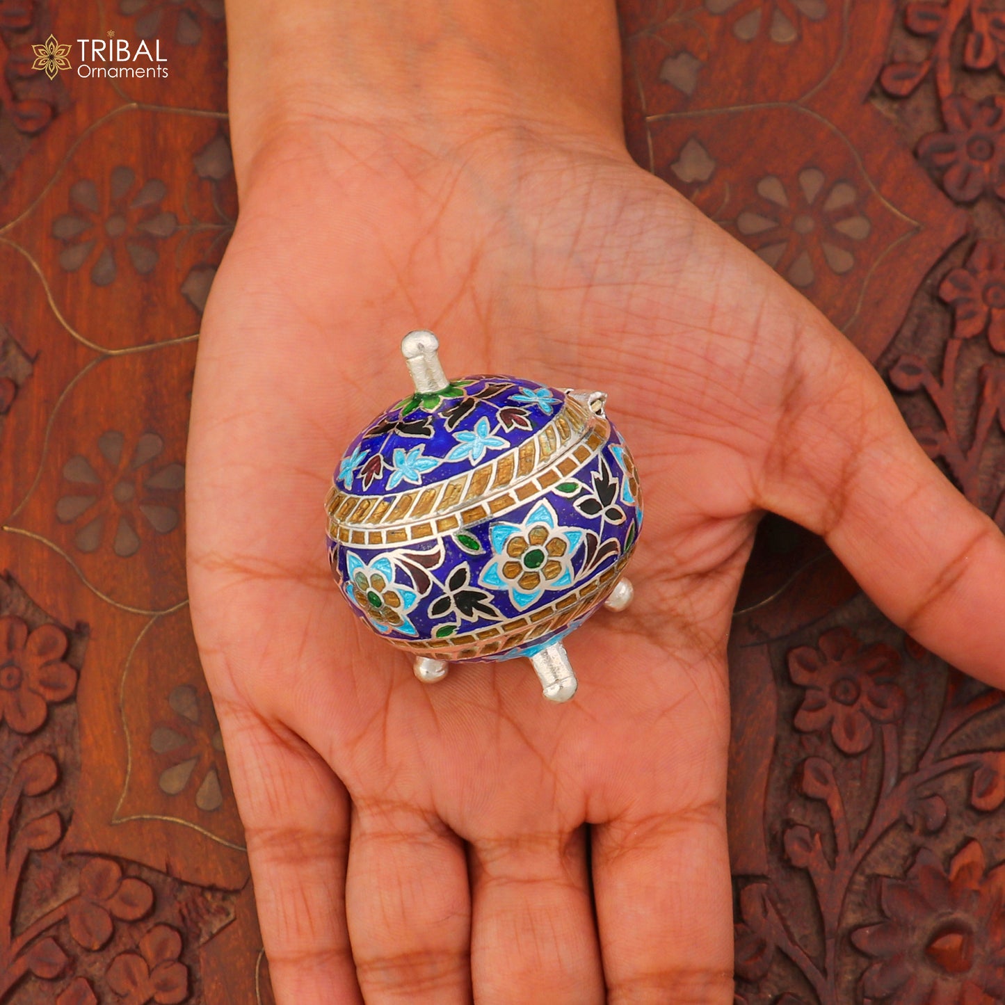 925 Sterling silver fabulous meenakari trinket box, container box, casket box,sindoor box, enamel work customized box stb903 - TRIBAL ORNAMENTS