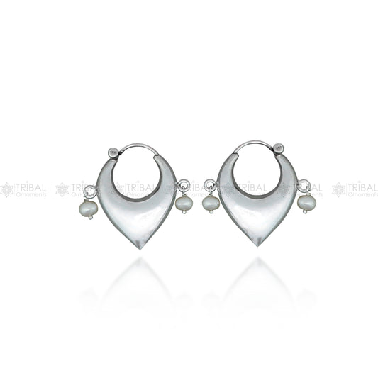 Sterling silver vintage hoop earrings with plain pearl beads, elegant cultural jewelry from TRIBAL ORNAMENTS.
