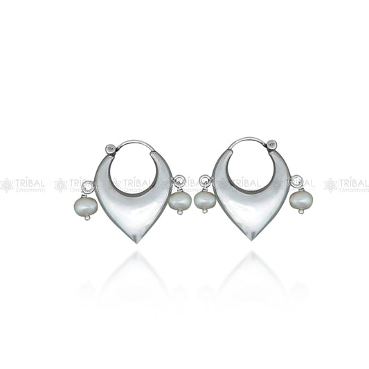 Elegant 925 sterling silver hoop earrings with vintage plain pearl beads, cultural design by TRIBAL ORNAMENTS.