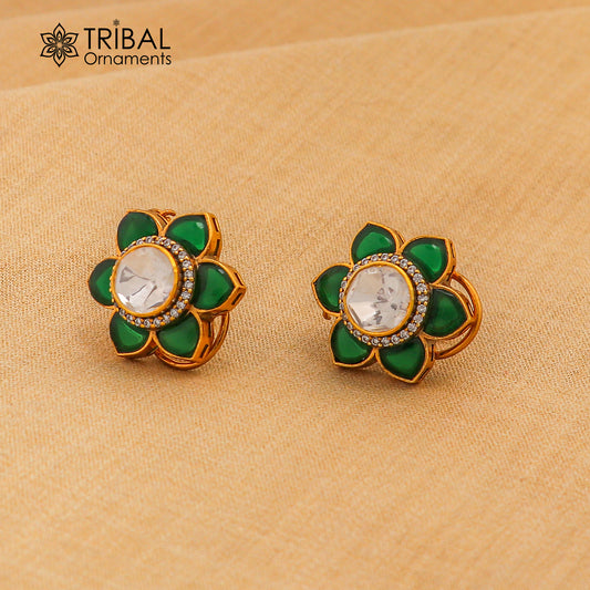 925 sterling silver floral design green kundan stud polki style earring er208 - TRIBAL ORNAMENTS