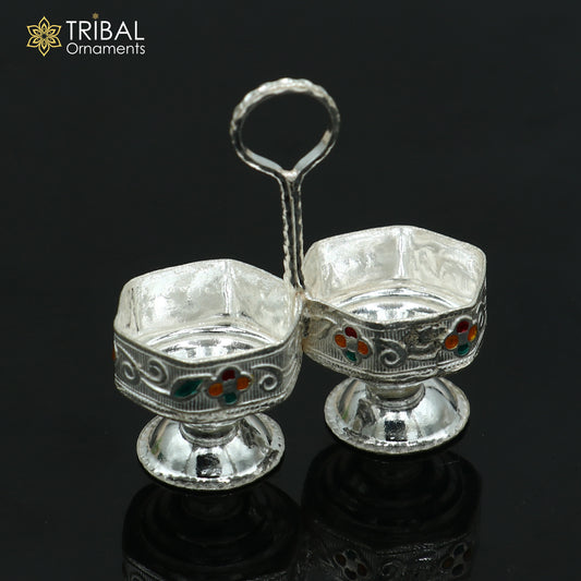 925 sterling silver flower design tilak combo mini bowl, tilak patra, puja utensils, temple article su1354 - TRIBAL ORNAMENTS