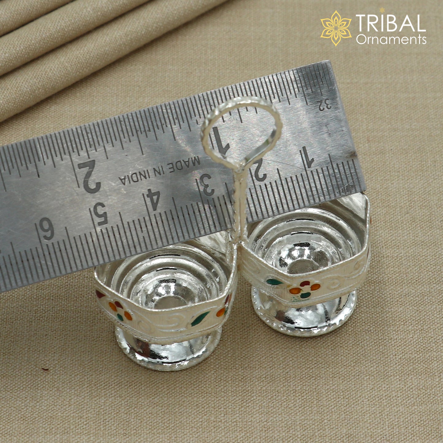 925 sterling silver flower design tilak combo mini bowl, tilak patra, puja utensils, temple article su1354 - TRIBAL ORNAMENTS