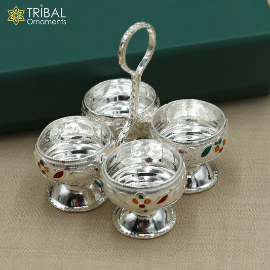 925 sterling silver flower design tilak combo mini bowl, tilak patra, puja utensils, temple article su1356 - TRIBAL ORNAMENTS