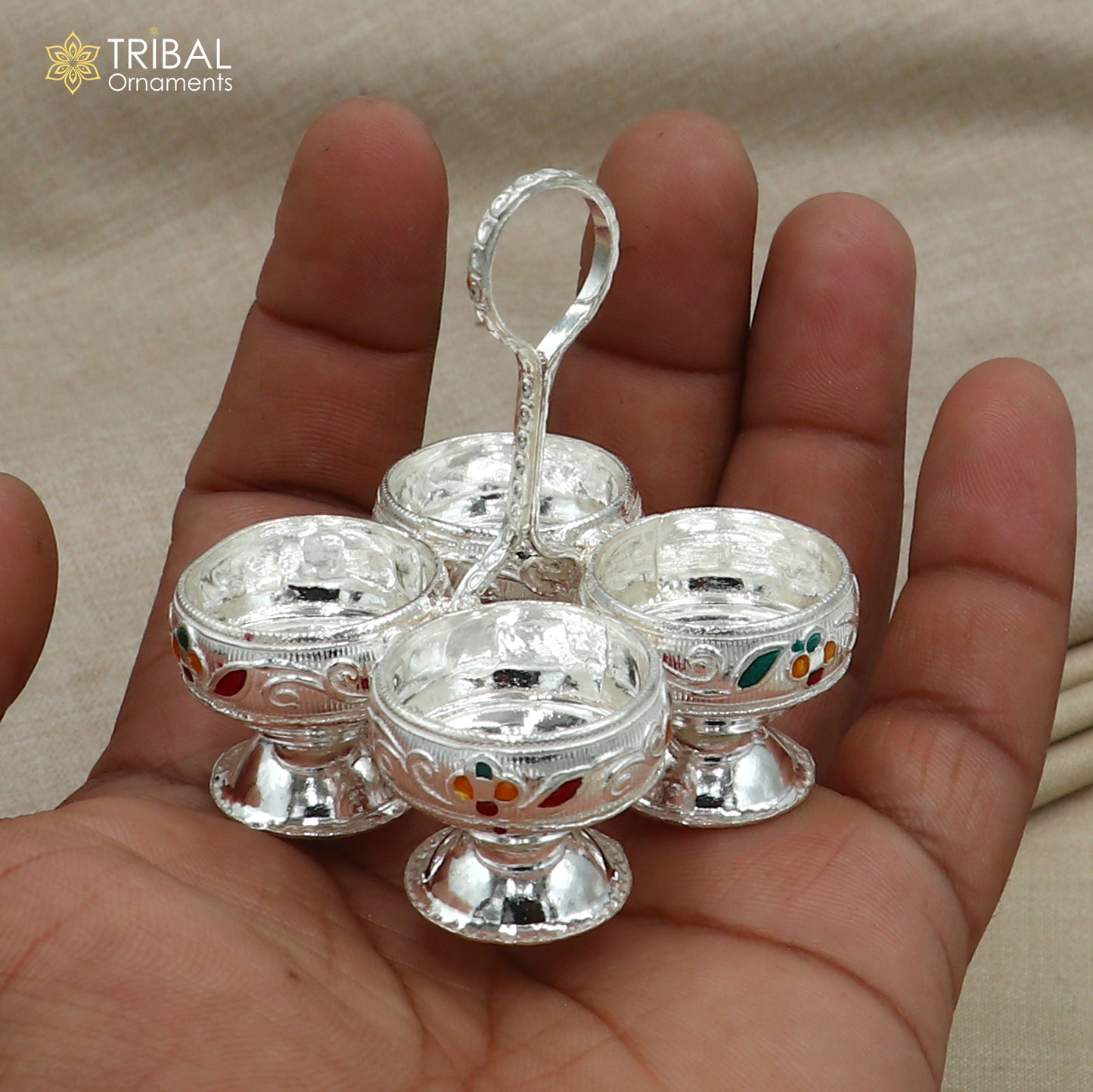 925 sterling silver flower design tilak combo mini bowl, tilak patra, puja utensils, temple article su1356 - TRIBAL ORNAMENTS