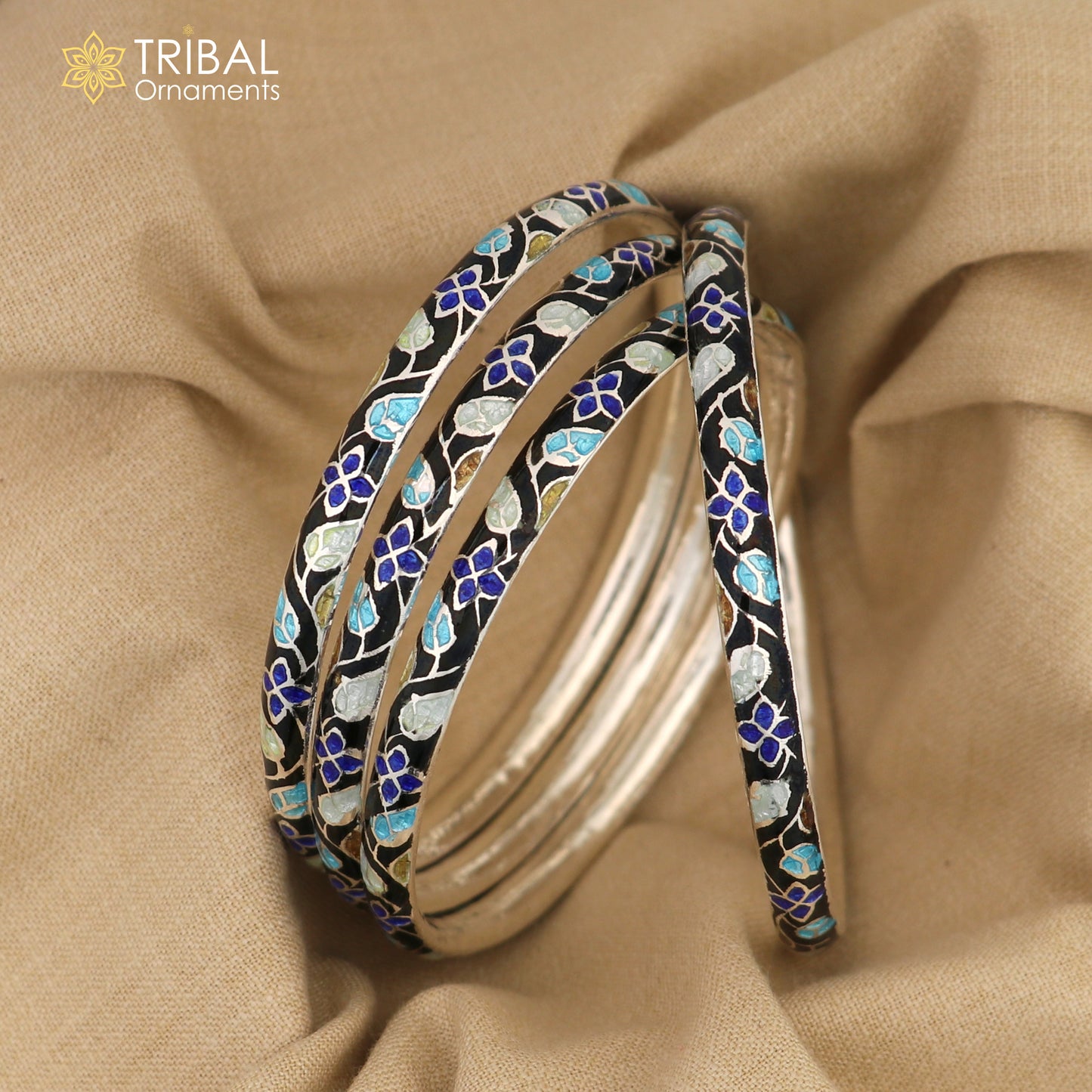 925 sterling silver handcrafted enamel bangles bracelet, vintage wedding jewelry with colorful enamel accents by TRIBAL ORNAMENTS