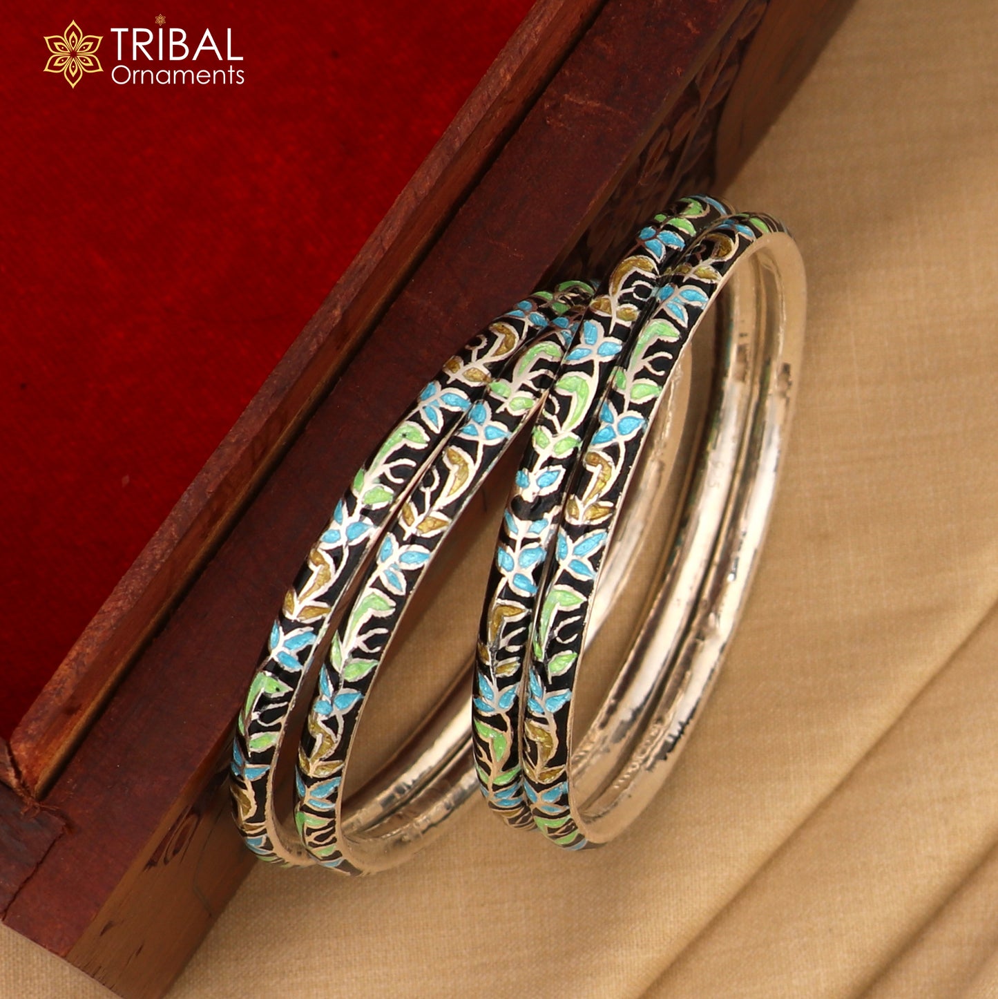 925 sterling silver handcrafted color enamel bangles bracelet by Tribal Ornaments, vintage-style bridal jewelry with vibrant enamel details.