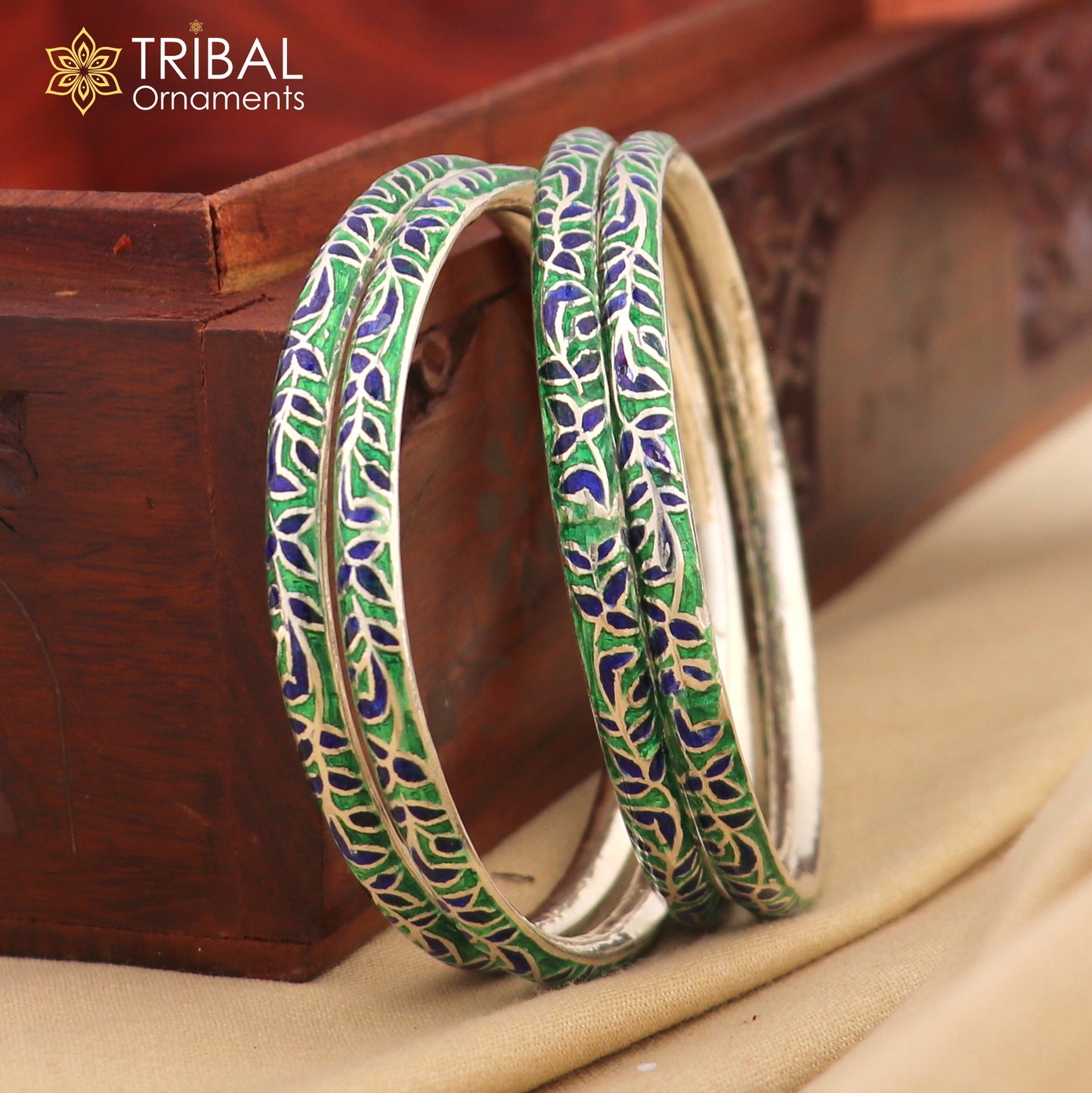 Handcrafted 925 sterling silver and colorful enamel bangles bracelet by Tribal Ornaments, vintage-inspired brides jewelry.