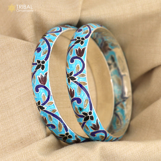 925 sterling silver handcrafted color enamel flower design bangles bracelet, vintage style wrist jewelry nba451 - TRIBAL ORNAMENTS