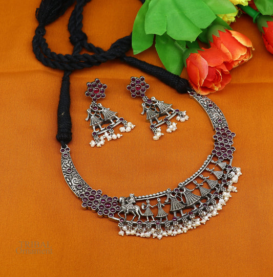 Sterling silver vintage groom necklace with musician band ethnic charm, tribal belly dance jewelry set by TRIBAL ORNAMENTS