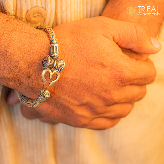 925 Sterling silver handmade chitai work Lord Shiva trident trishul kada bangle bracelet customized unisex kada nsk688 - TRIBAL ORNAMENTS