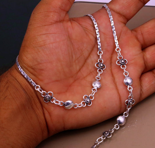 Sterling silver handmade charm anklet, 10.5 inches long, featuring intricate designs, perfect as belly dance or bridesmaids gift jewelry.