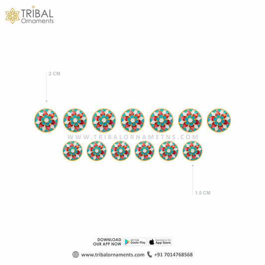 925 Sterling silver handmade gorgeous green and red flower meenakari design fancy buttons set of 13 pc for men's coat or suit, best jewelry for all occasions btn67 - TRIBAL ORNAMENTS