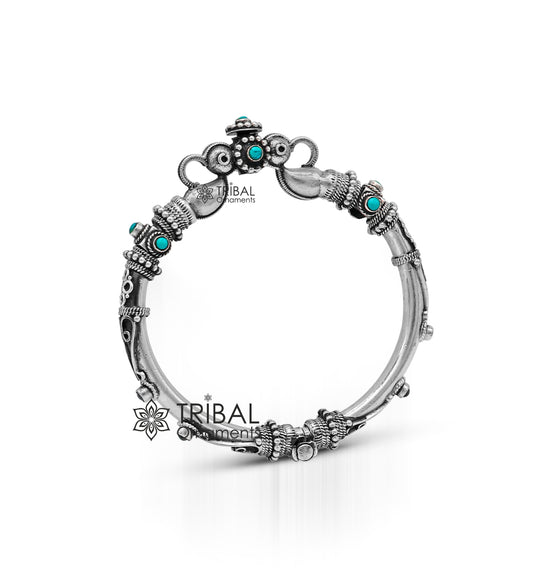 925 Sterling silver vintage peacock design bangle bracelet with intricate tribal and ethnic patterns, handmade Indian jewelry.