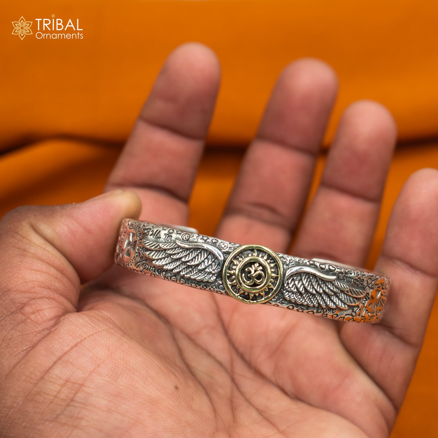Sterling silver Lord Shiva mantra OM design adjustable bangle cuff bracelet, unisex jewelry with intricate tribal-style craftsmanship.