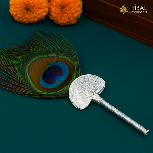 Handmade 925 sterling silver Mor chhadi with peacock feather, Lord Krishna and Laddu Gopal gift, silver pankhi from Tribal Ornaments.