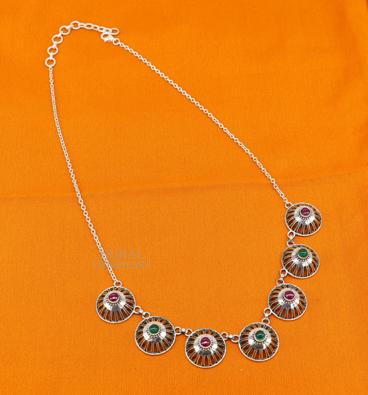 Sterling silver Rajasthani traditional stylish fit neck choker, luxury necklace set with intricate belly dance Guttapusalu jewelry design