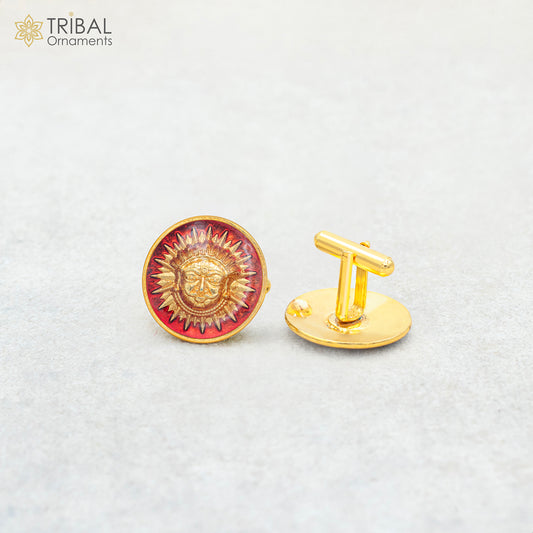 Sterling silver handmade sun face design cufflinks by TRIBAL ORNAMENTS, gold polished, ideal for men's coats or suits, set of 2.