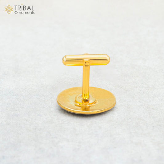 Sterling silver cufflinks set featuring Mewar design with gold polish, handmade by Tribal Ornaments, for men's suits or coats.