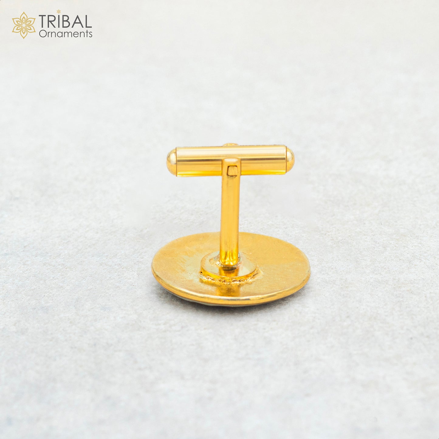 Sterling silver cufflinks set featuring Mewar design with gold polish, handmade by Tribal Ornaments, for men's suits or coats.