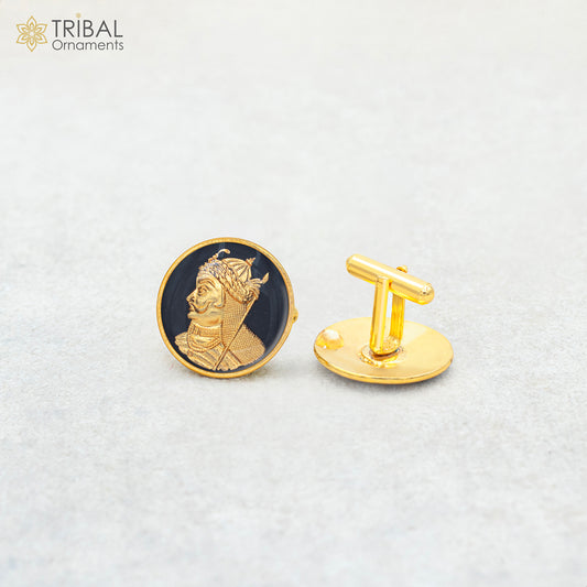 Sterling silver cufflinks set featuring Maharana Pratap design, gold polished finish, ideal for men's coats or suits.