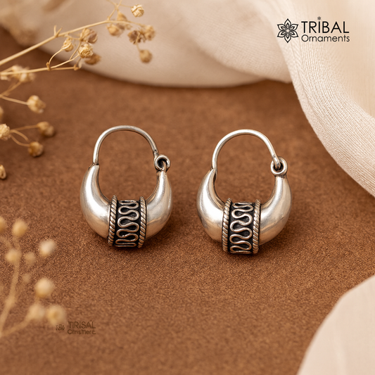 Sterling silver handmade vintage ethnic tribal hoop earrings by TRIBAL ORNAMENTS, unisex Bali-style jewelry from India.