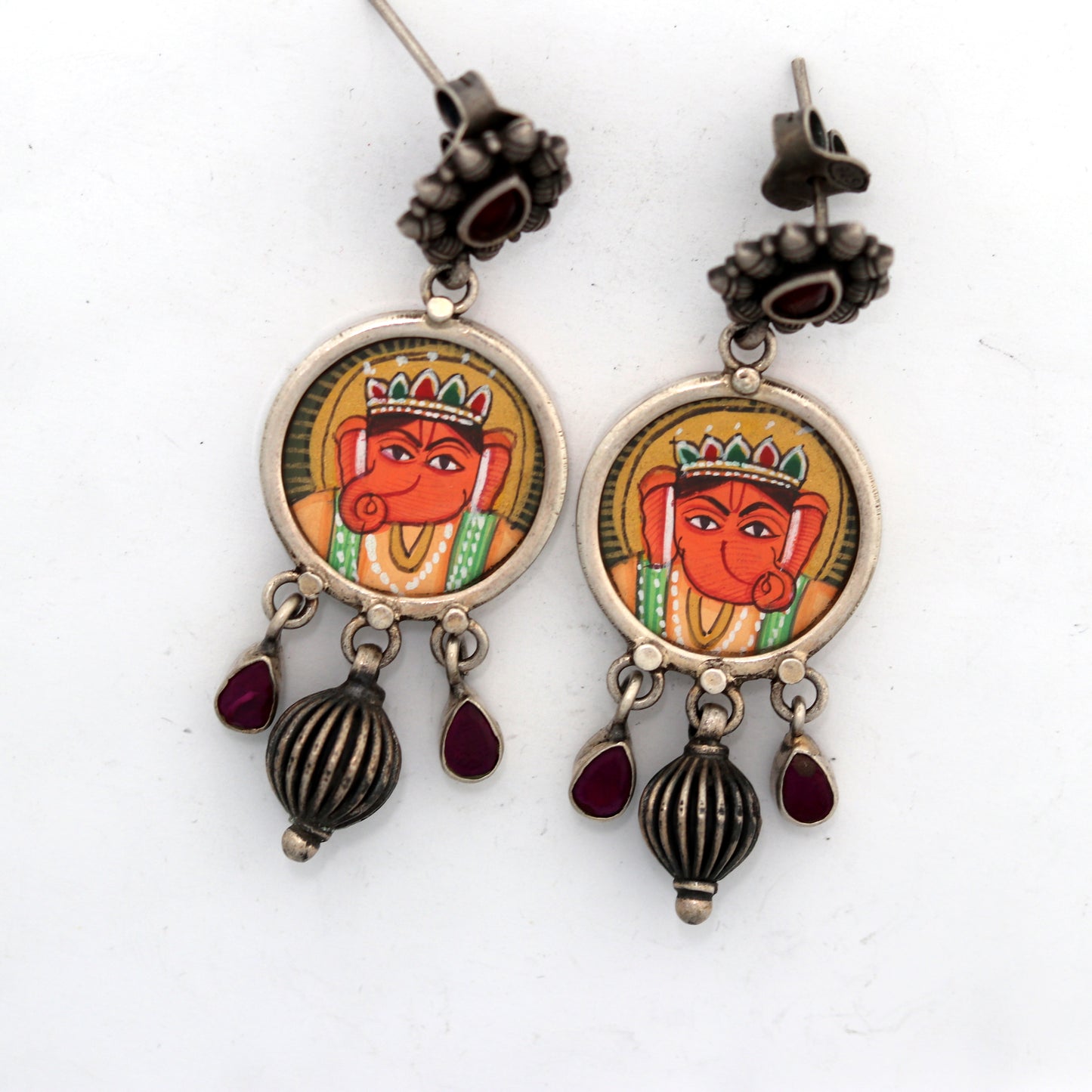 925 sterling silver Lord Ganesha miniature painting drop dangle earring by Tribal Ornaments, featuring detailed Ganesha artwork.